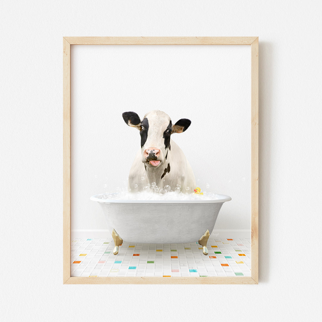 a cow is taking a bath in a bathtub