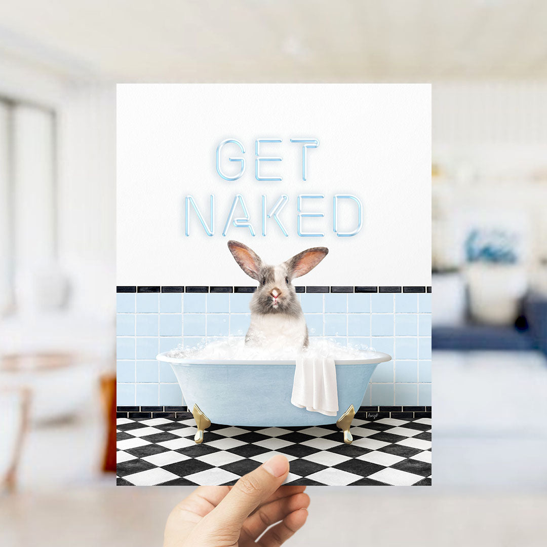 A hand holding a card with a picture of a rabbit sitting in a bathtub, with the text "GET NAKED" written on it.