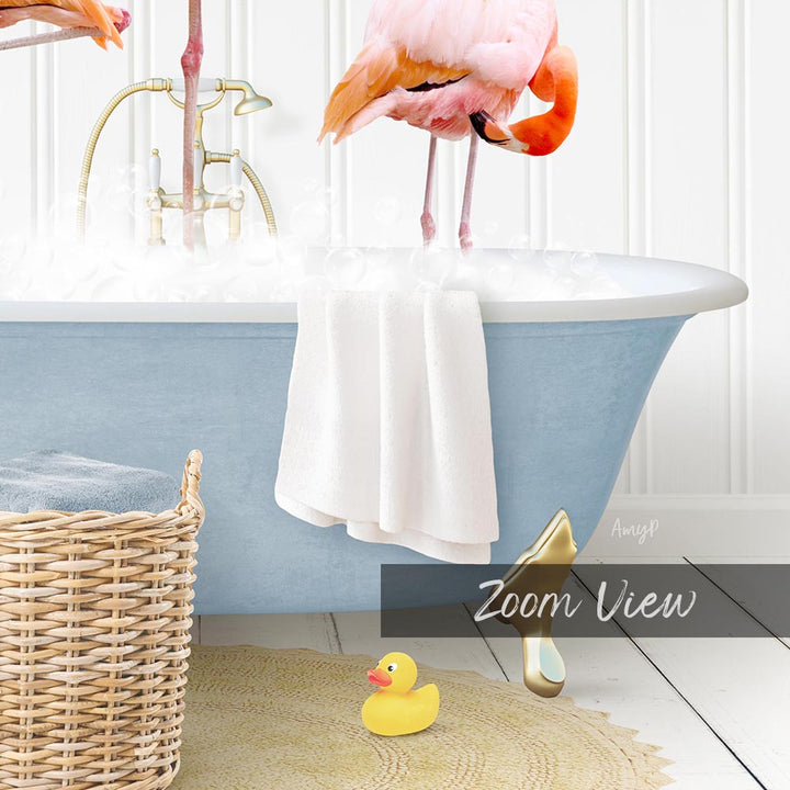 A pink flamingo stands in a blue bathtub filled with water, surrounded by a white towel, a yellow rubber duck, and a wicker basket.