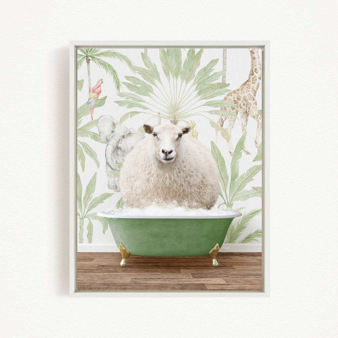 A sheep is sitting in a green bathtub, surrounded by a tropical wallpaper with various animals, including a giraffe and a parrot.