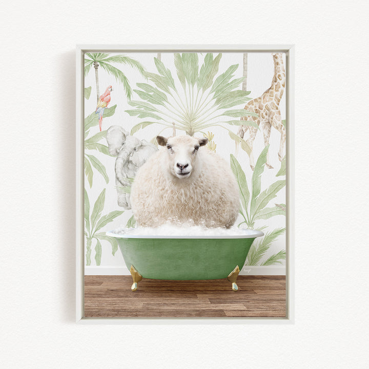A sheep is sitting in a green bathtub, surrounded by a tropical wallpaper with various animals, including a giraffe and a parrot.