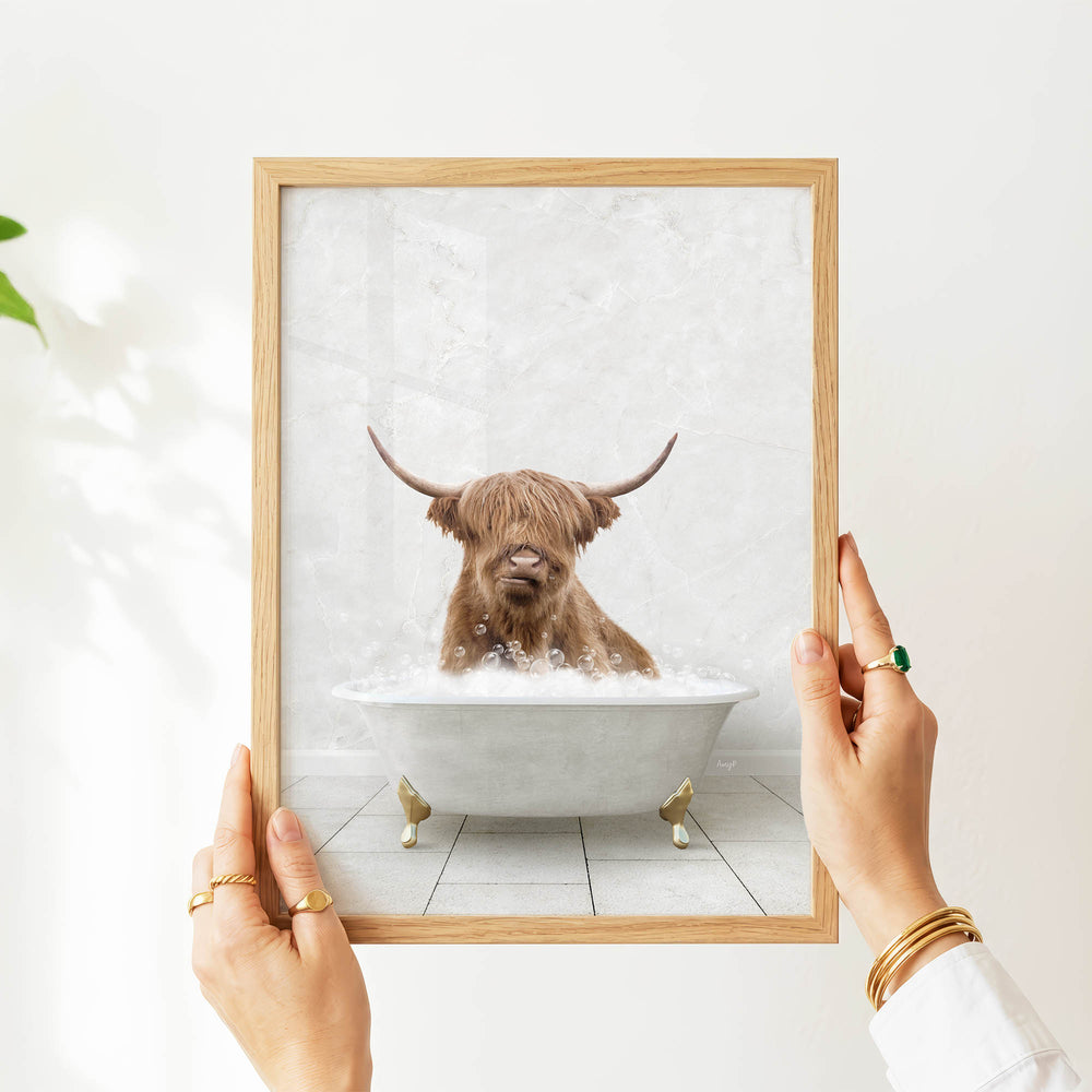 A person's hands are holding a framed picture of a Highland cow sitting in a bathtub filled with water.