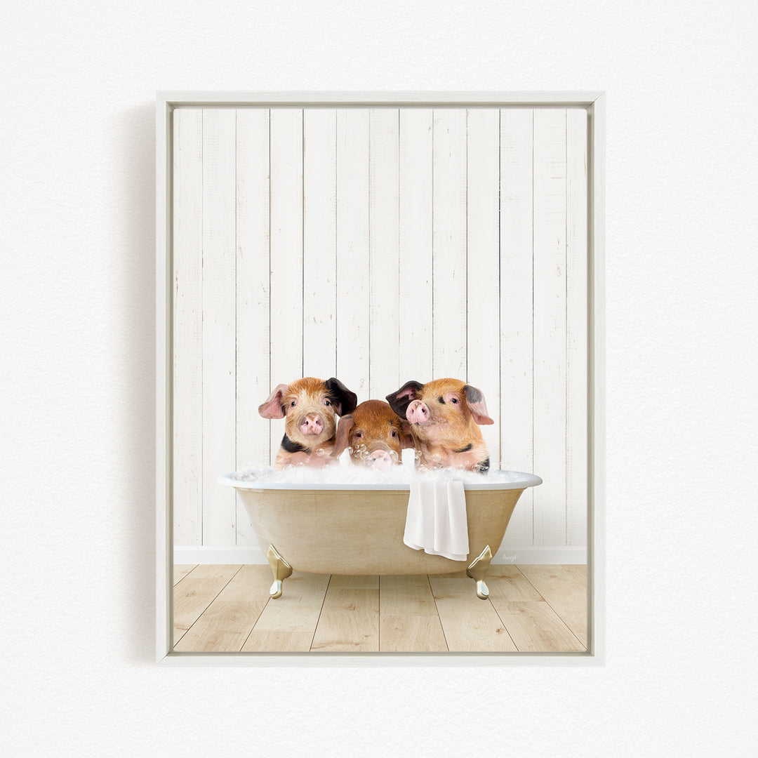 Three adorable pigs sitting in a white bathtub, enjoying a relaxing bath.