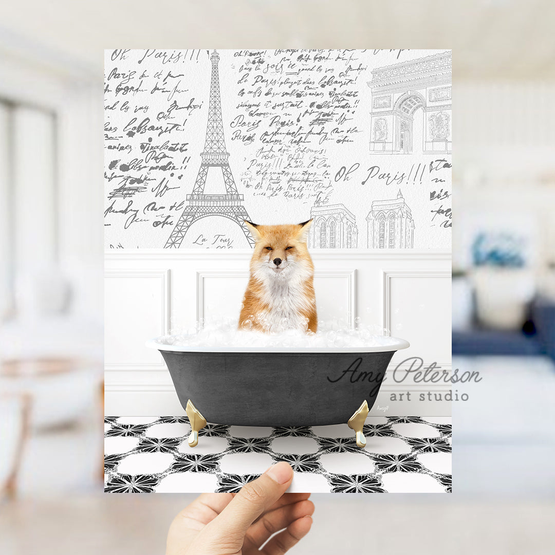 a person holding up a card with a picture of a dog in a bathtub