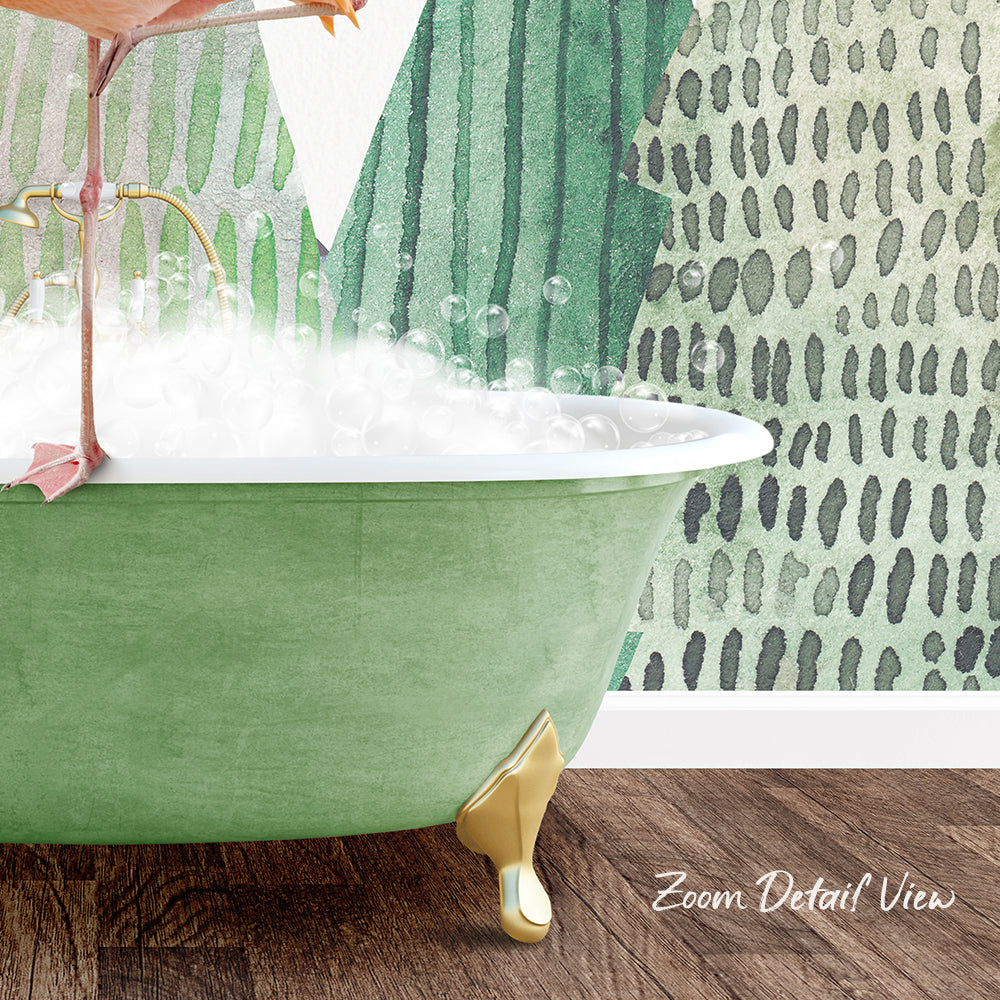 A green clawfoot bathtub filled with bubbles, with a patterned wall behind it.