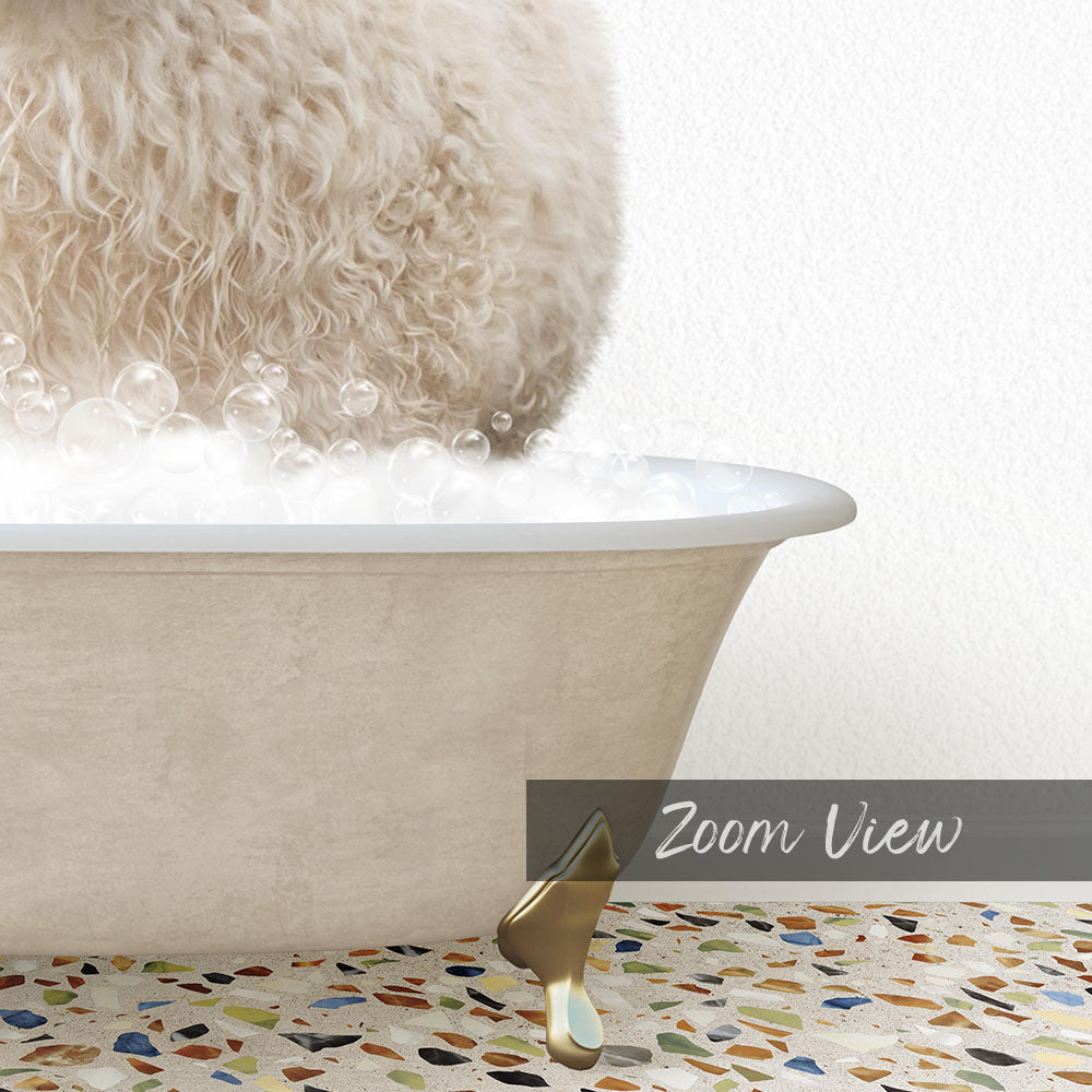 A fluffy white dog is sitting in a bathtub filled with bubbles, with a text overlay that reads "Zoom View".
