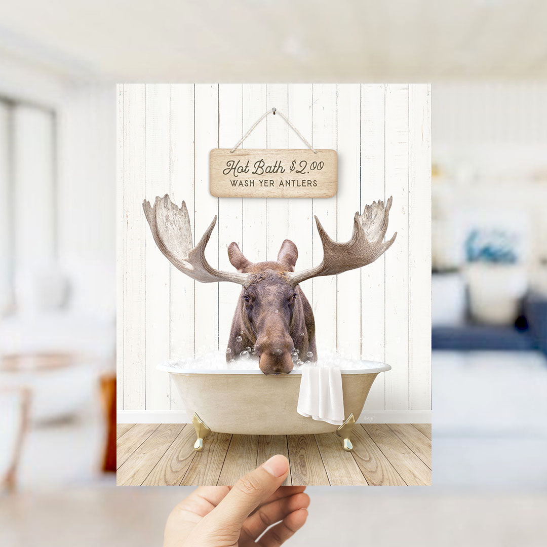 A hand holding a framed image of a moose sitting in a bathtub, with a sign above it advertising a hot bath for $2.00.