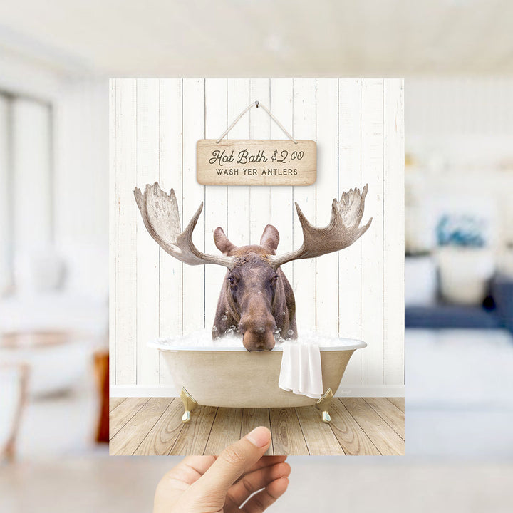 A hand holding a framed image of a moose sitting in a bathtub, with a sign above it advertising a hot bath for $2.00.