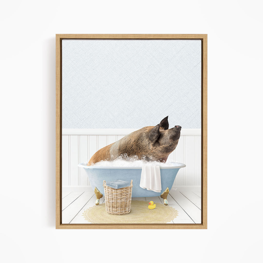 A brown pig sitting in a blue bathtub filled with water, surrounded by rubber ducks and a basket.