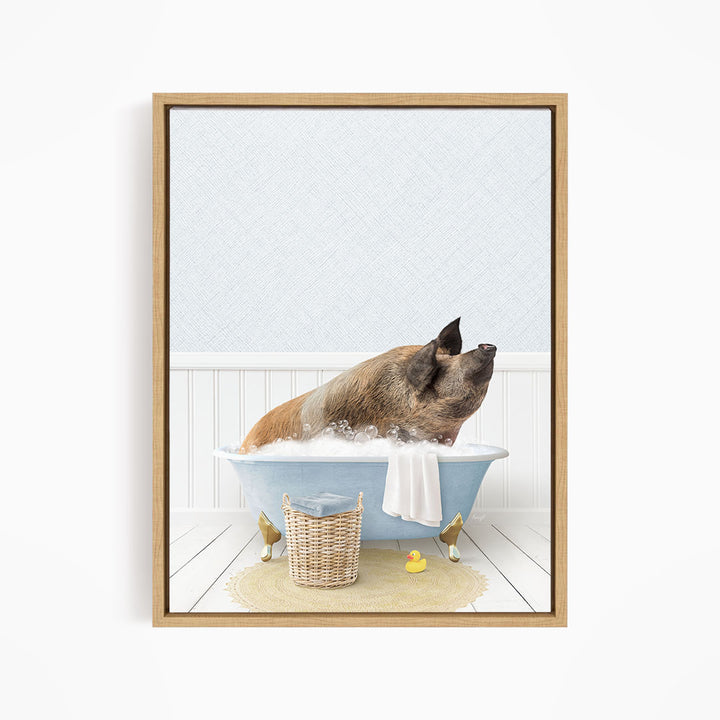 A brown pig sitting in a blue bathtub filled with water, surrounded by rubber ducks and a basket.