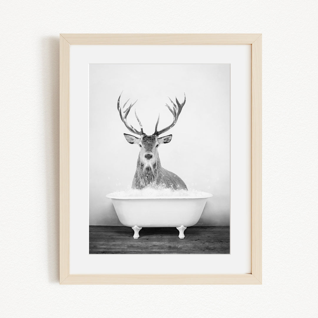 A deer with large antlers is sitting in a white bathtub filled with water, creating a whimsical and unexpected scene.