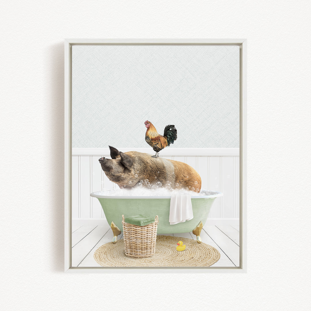 A pig is sitting in a green bathtub, surrounded by a rooster and a rubber duck, creating a whimsical and playful scene.