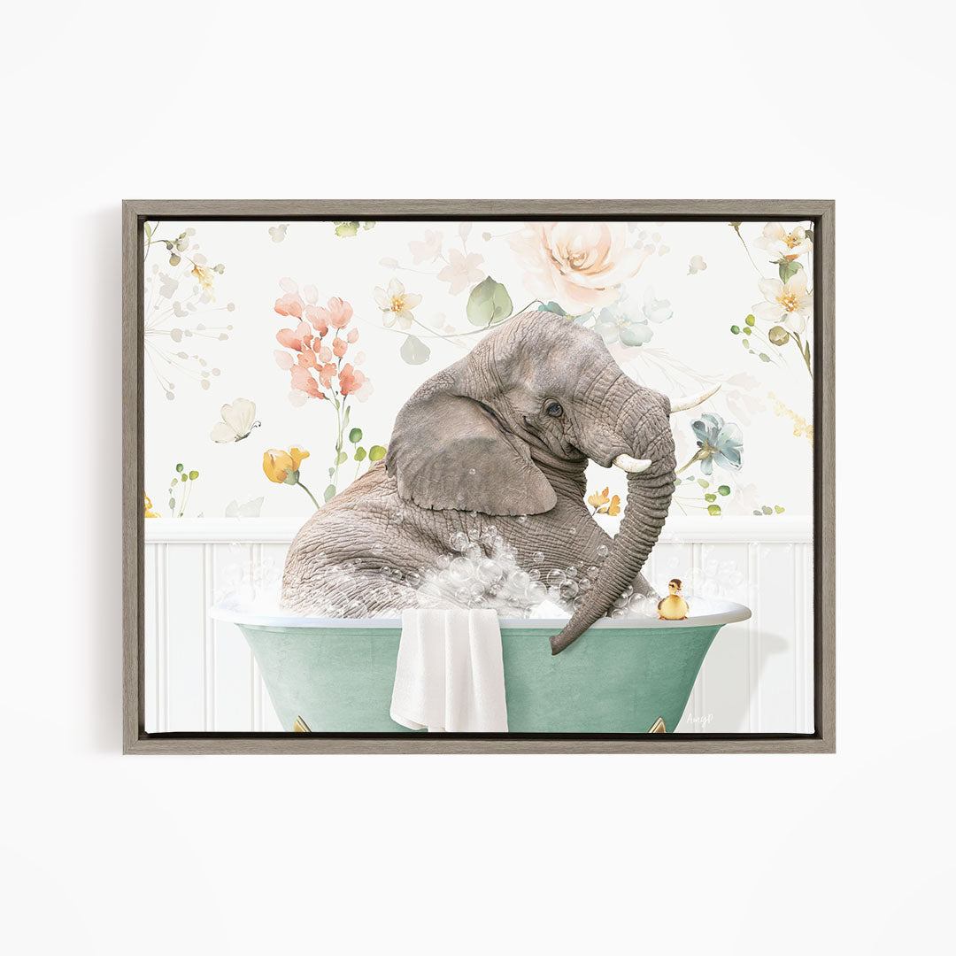 A gray elephant is sitting in a green bathtub, surrounded by a floral pattern.