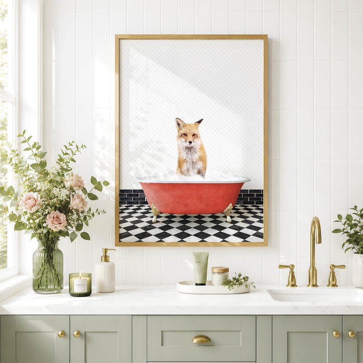 a framed picture of a fox sitting in a red bathtub, surrounded by a black and white checkered floor and a vase of pink flowers.