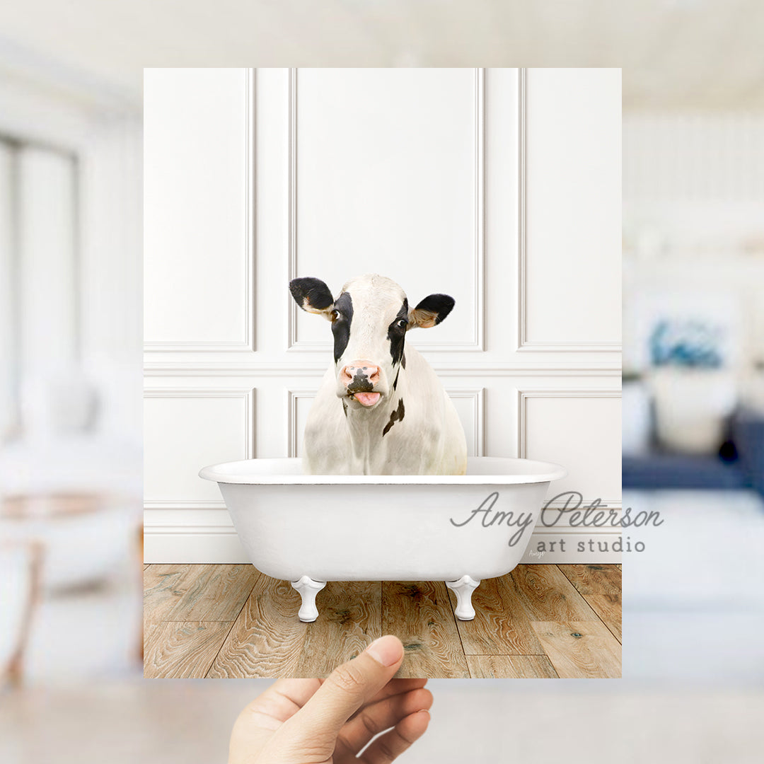 a cow sticking its head out of a bathtub