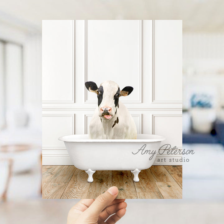 a cow sticking its head out of a bathtub