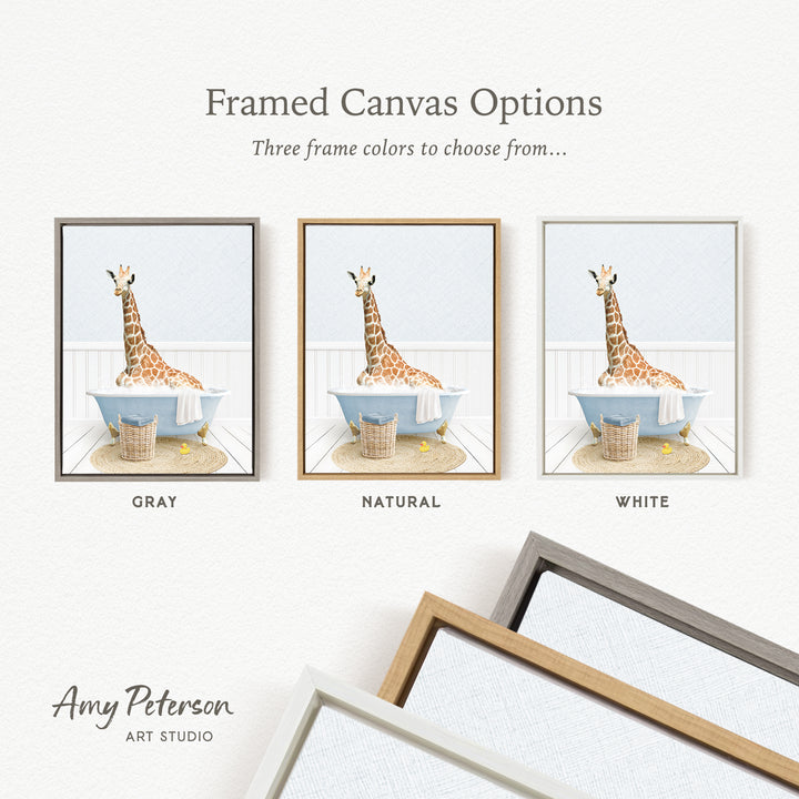 three framed canvas options featuring a giraffe sitting in a bathtub, each with a different frame color: gray, natural, and white.