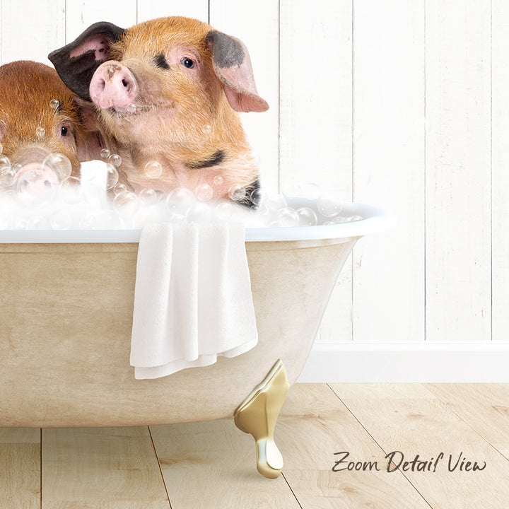 A pair of adorable pigs enjoying a relaxing bath in a white clawfoot tub, surrounded by bubbles.
