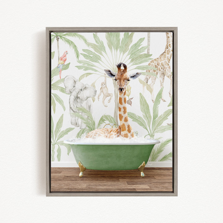 A giraffe is sitting in a green bathtub, surrounded by various animals and plants, creating a whimsical and playful scene.