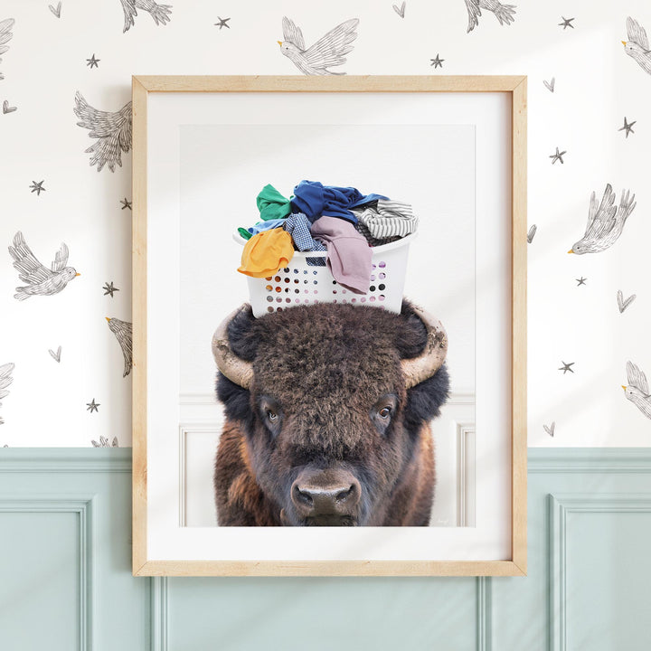 a picture of a bison with a hat on its head