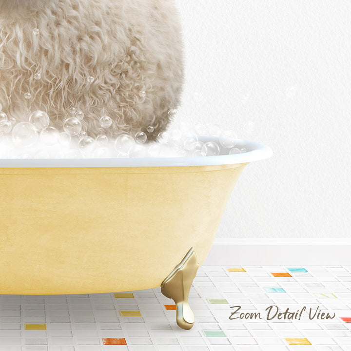 A fluffy white dog is sitting in a yellow bathtub filled with bubbles, with a text overlay that reads "Zoom Detail View".