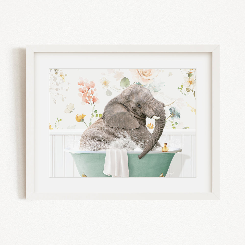 A gray elephant is sitting in a green bathtub filled with water, surrounded by a floral background.