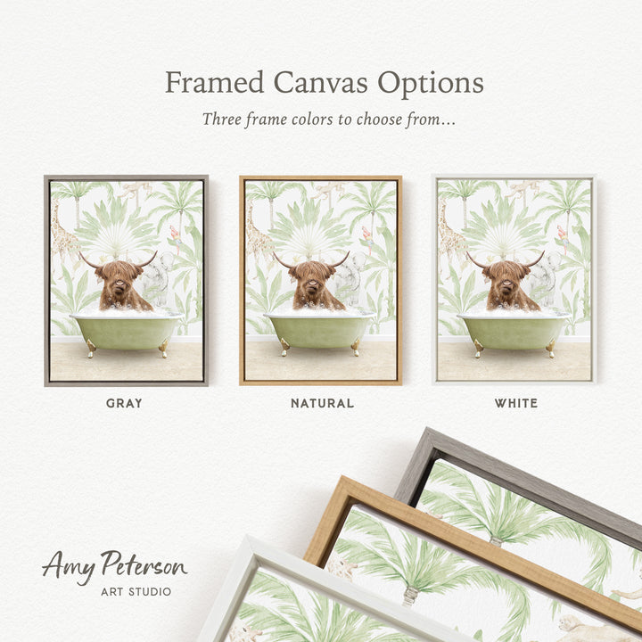 three framed canvas options featuring a brown cow sitting in a bathtub, each with a different frame color: gray, natural, and white.
