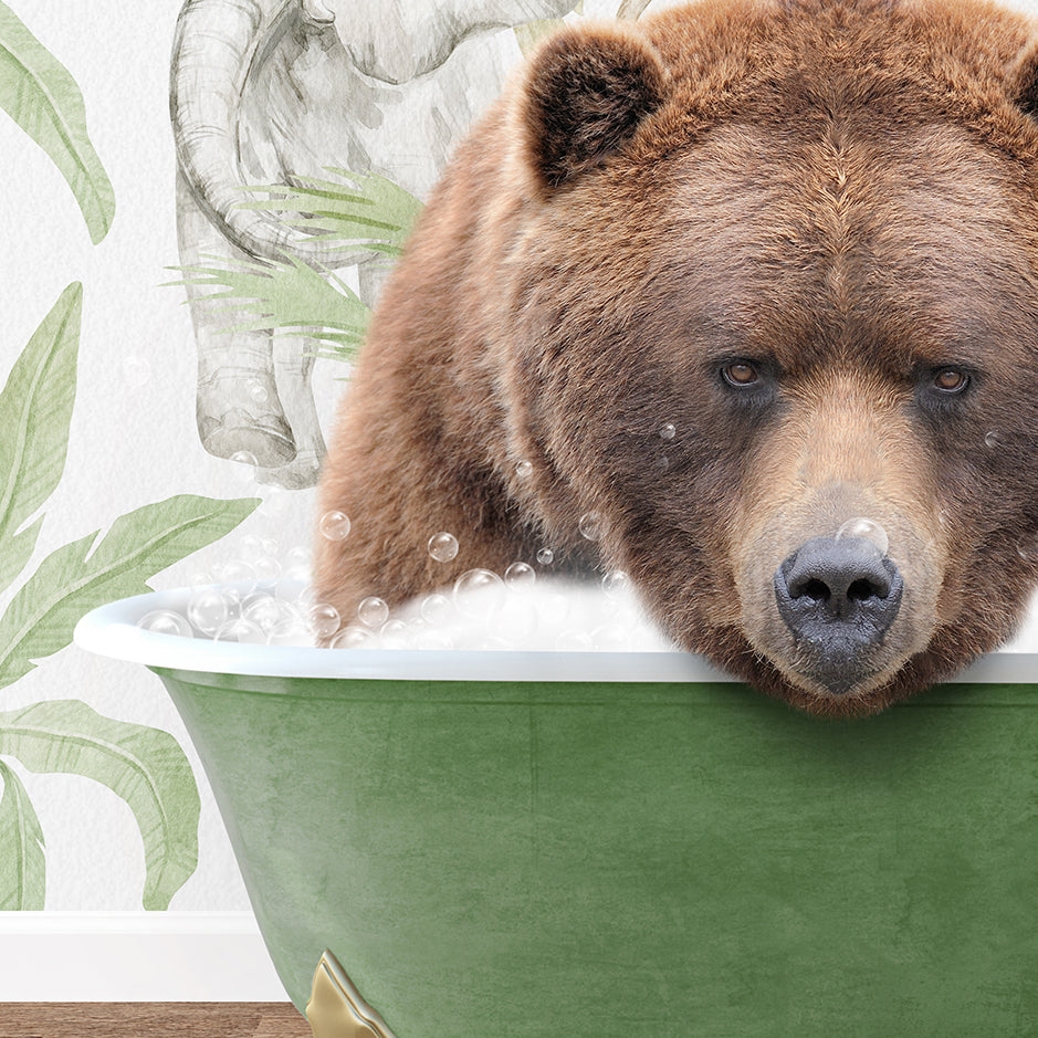 a large brown bear sitting in a bath tub