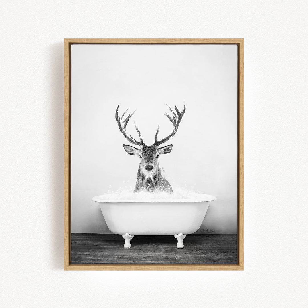 A deer with large antlers is sitting in a white bathtub filled with water, creating a whimsical and unexpected scene.