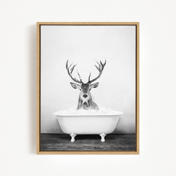 A deer with large antlers is sitting in a white bathtub filled with water, creating a whimsical and unexpected scene.