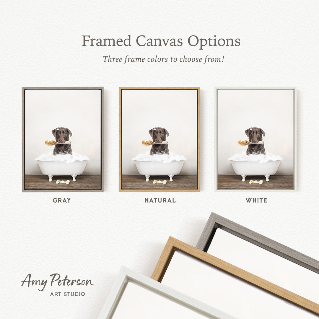 three framed canvas options, each featuring a dog sitting in a bathtub. The options include a gray frame, a natural frame, and a white frame. The text above the images reads " Framed Canvas Options" and "Three frame colors to choose from!".