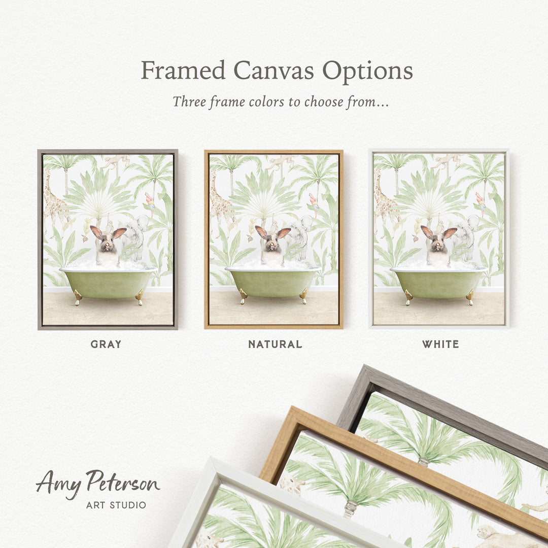 three framed canvas options, each featuring a different color and frame style. The options include a gray frame, a natural frame, and a white frame, each with a different background design.
