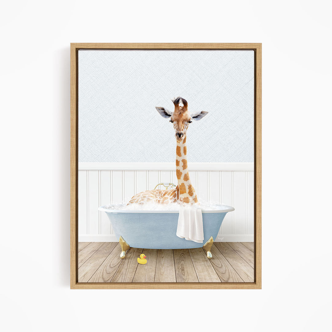 A giraffe is sitting in a blue bathtub filled with water, surrounded by rubber ducks.