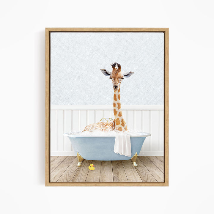 A giraffe is sitting in a blue bathtub filled with water, surrounded by rubber ducks.