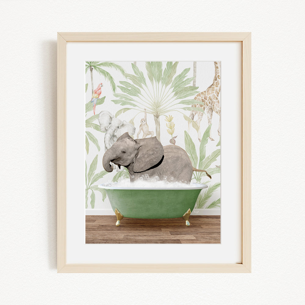 A framed illustration depicting an elephant sitting in a green bathtub, surrounded by tropical foliage and other animals.