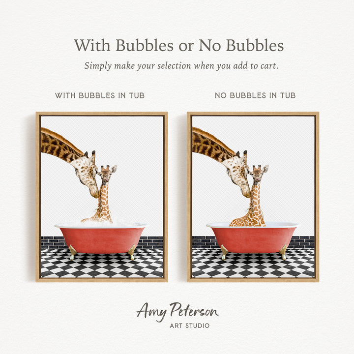 The image is a collage of two framed pictures depicting giraffes in bathtubs. The first picture shows a giraffe in a tub with bubbles, while the second picture shows a giraffe in a tub without bubbles. The text above the images reads "With Bubbles or No Bubbles Simply make your selection when you add to cart."