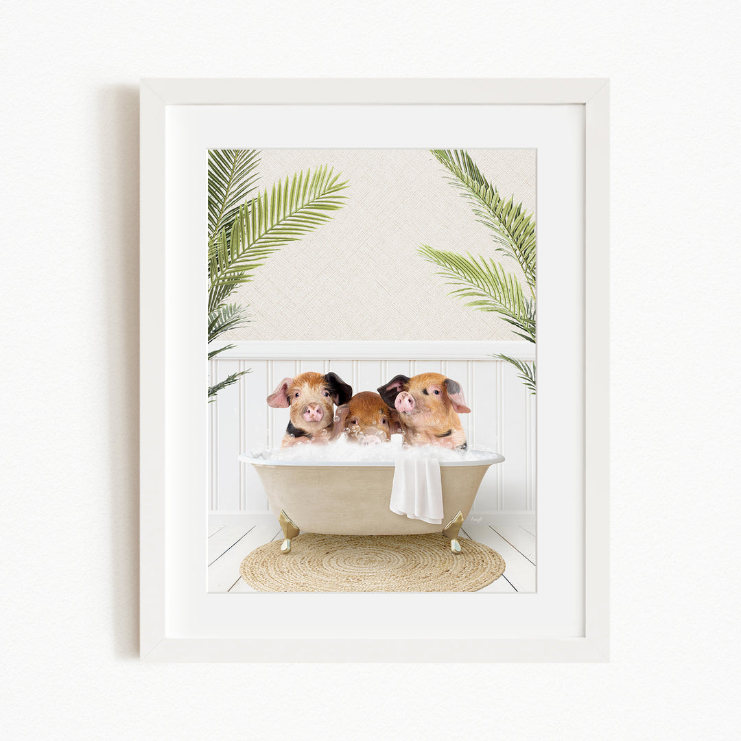 Three adorable pigs sitting in a bathtub, surrounded by lush green palm leaves, creating a whimsical and relaxing scene.