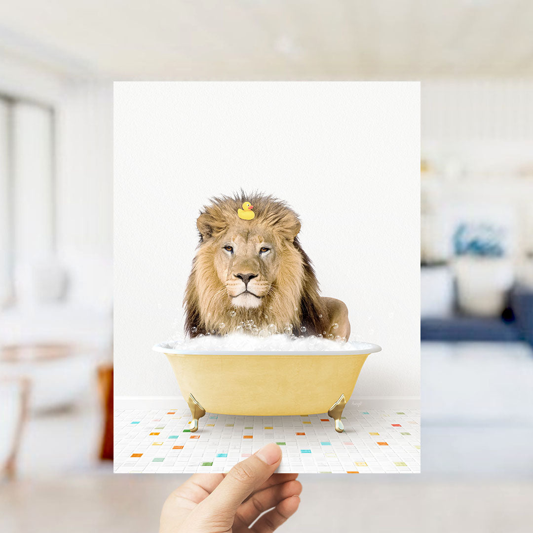 A lion is sitting in a yellow bathtub filled with bubbles, with a yellow rubber duck floating on its head.