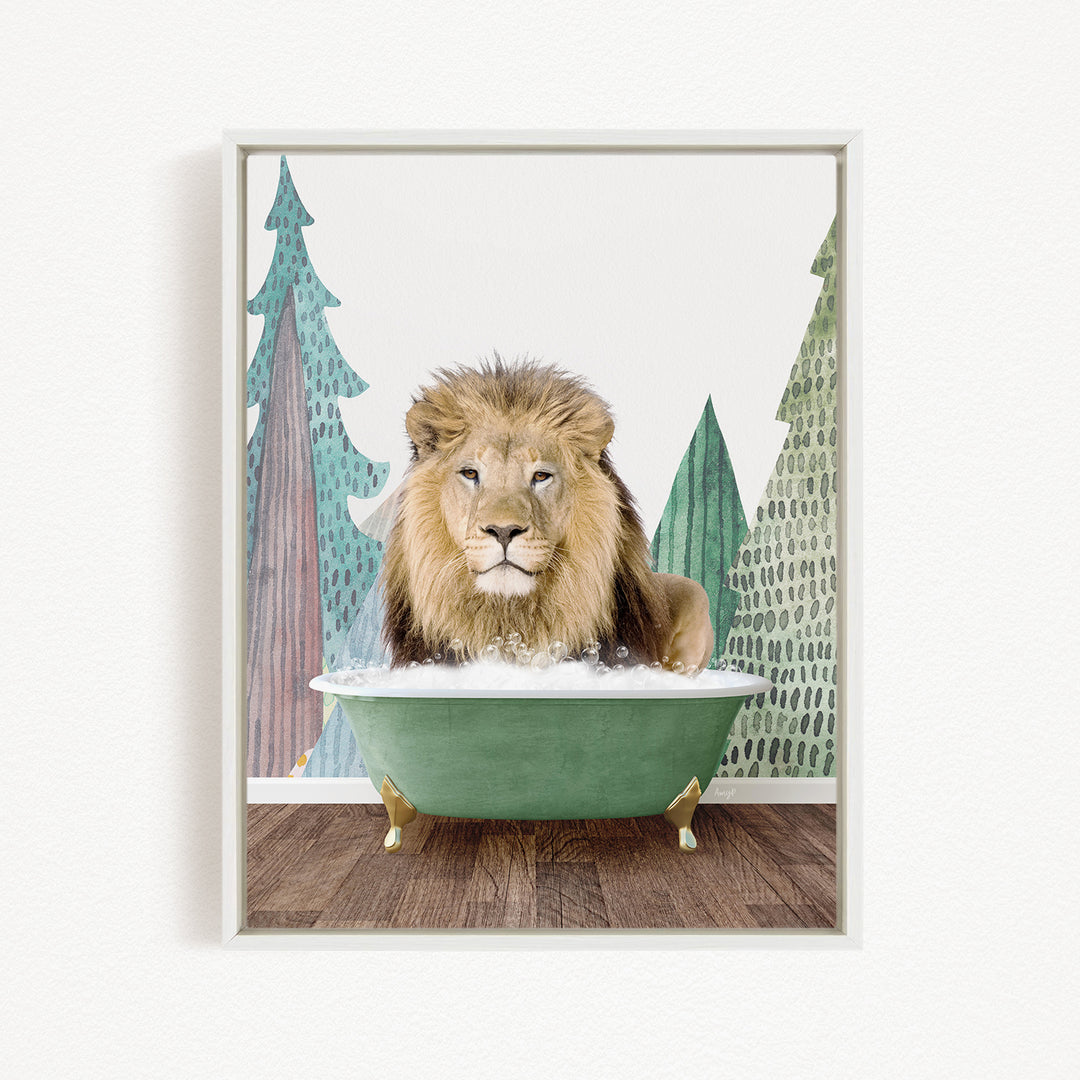 A lion is sitting in a green bathtub, surrounded by trees and a forest-like background.