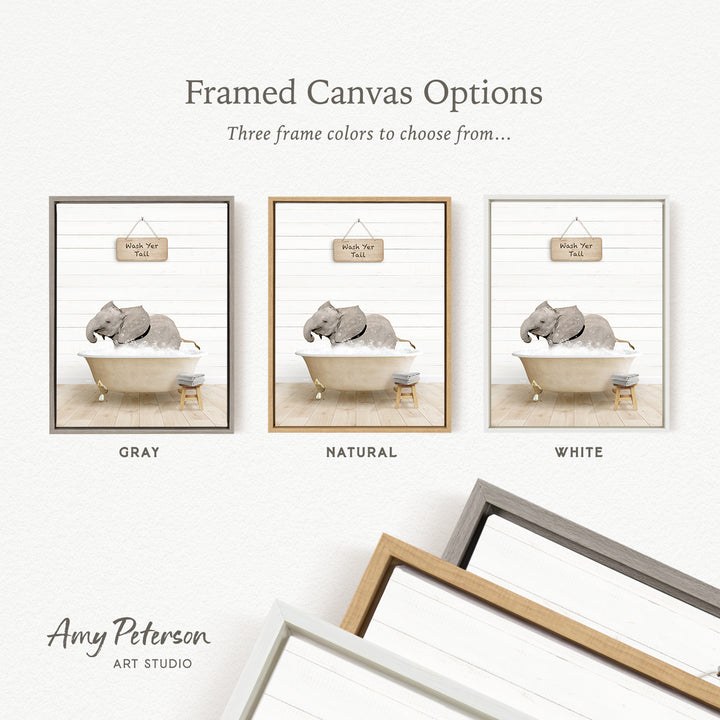 three framed canvas options, each featuring a different color and frame style. The options include a gray frame, a natural frame, and a white frame. The text above the images reads " framed Canvas Options" and "Three frame colors to choose from...".