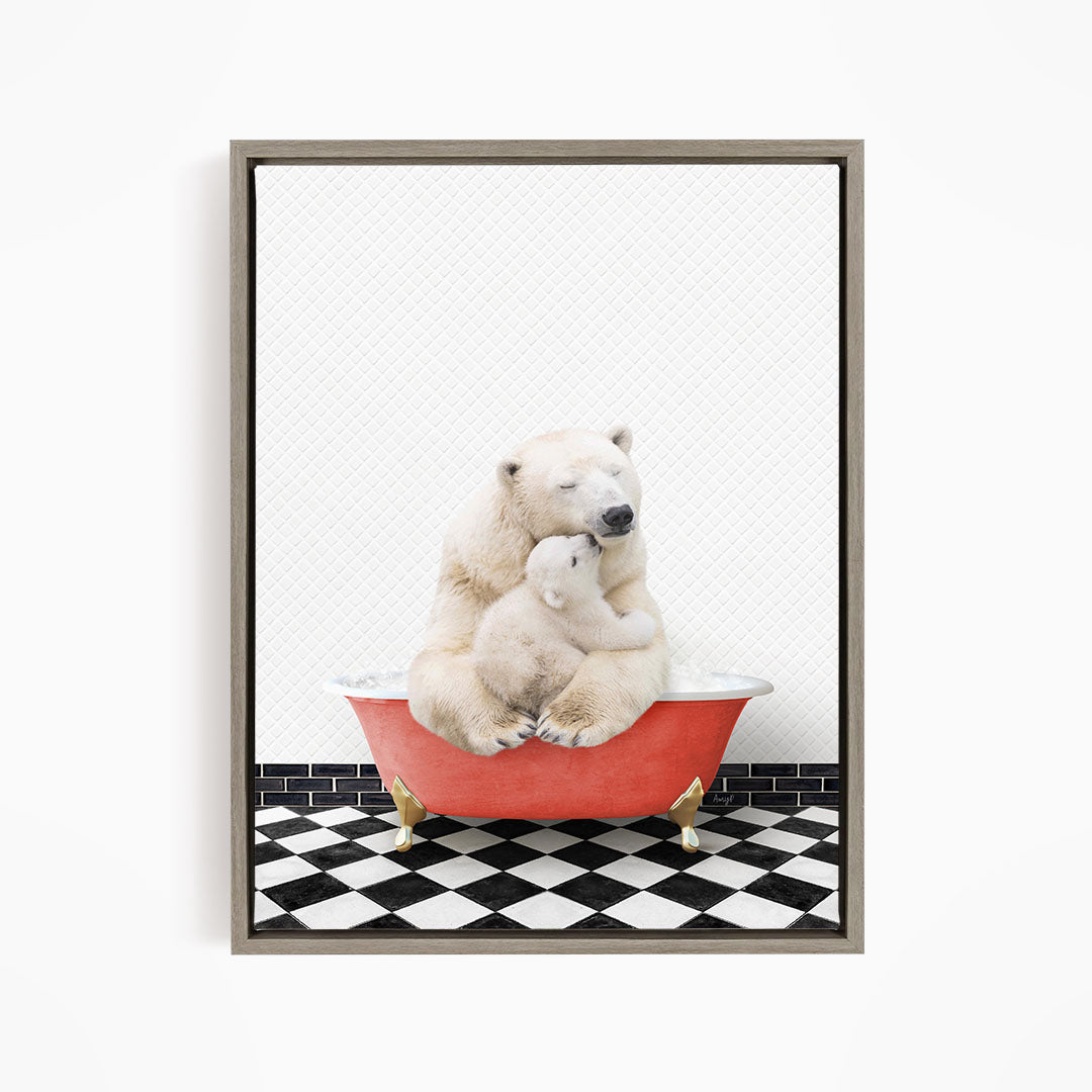 A polar bear sitting in a red bathtub, with a smaller polar bear nestled next to it, against a black and white checkered floor.