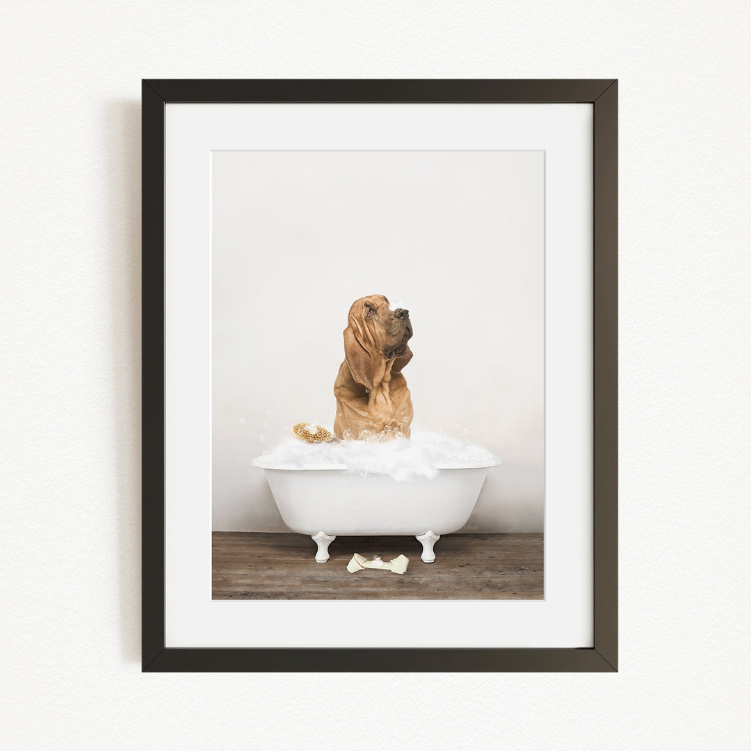 A brown dog sitting in a white bathtub filled with bubbles, with a bone on the floor.
