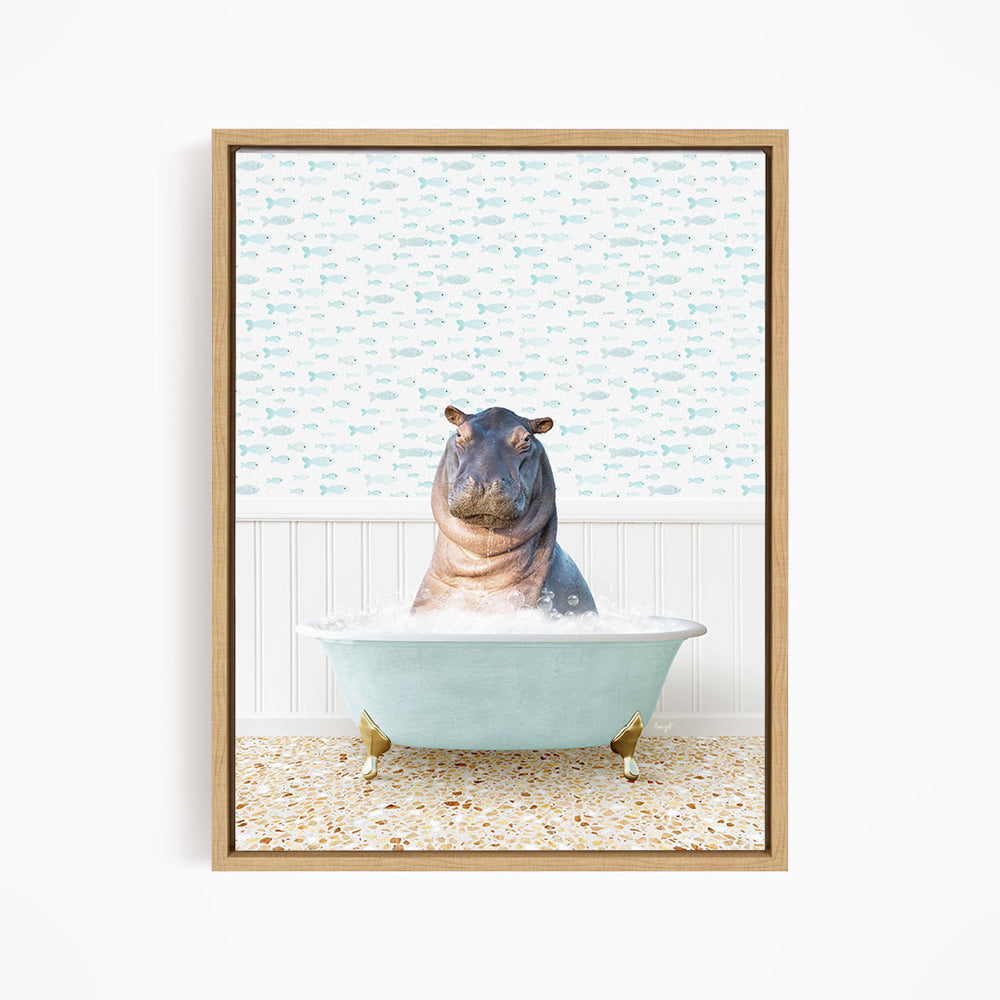 A hippopotamus sitting in a bathtub filled with water, surrounded by a pattern of fish.