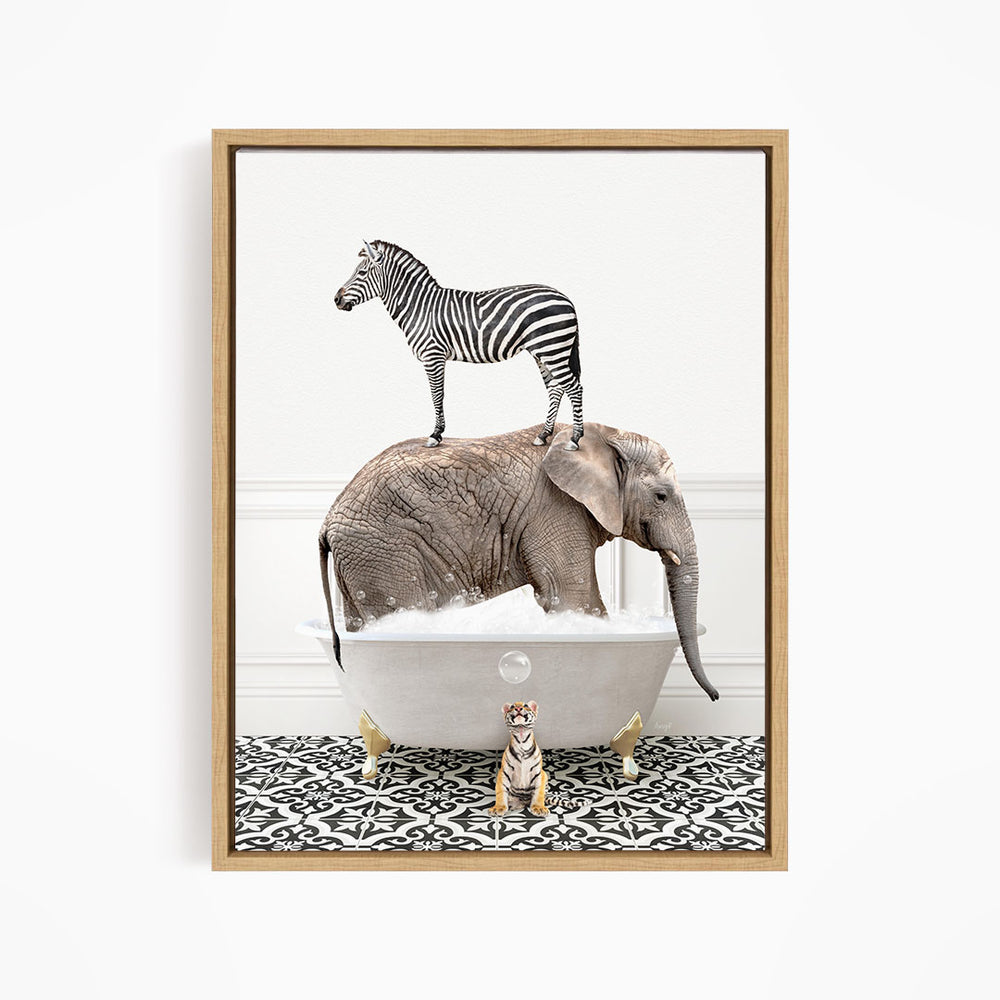 A zebra standing on the back of an elephant, both in a bathtub, with a small tiger figurine sitting in front of them.