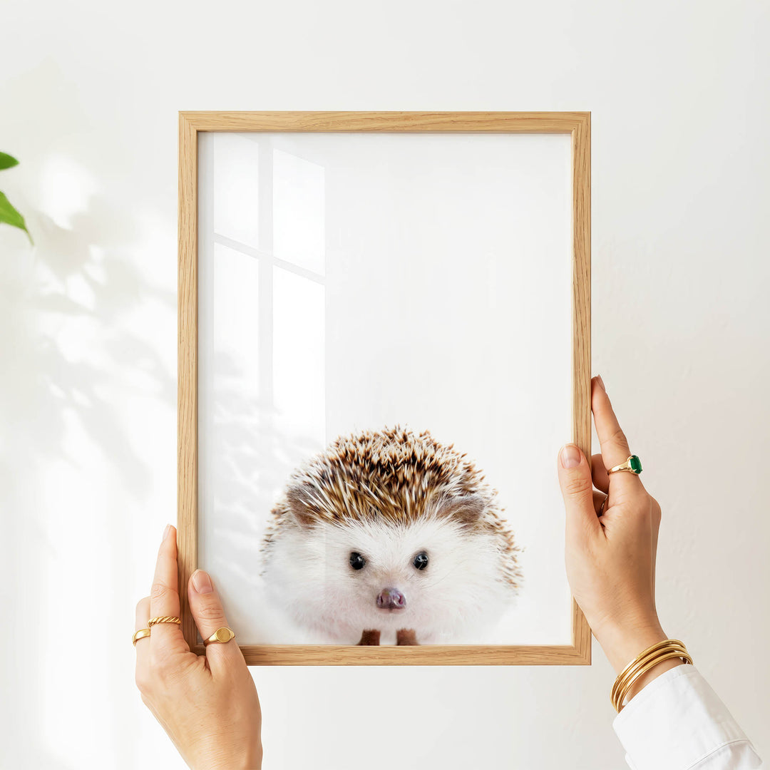 A person's hands are holding a wooden frame with a picture of a hedgehog inside it.