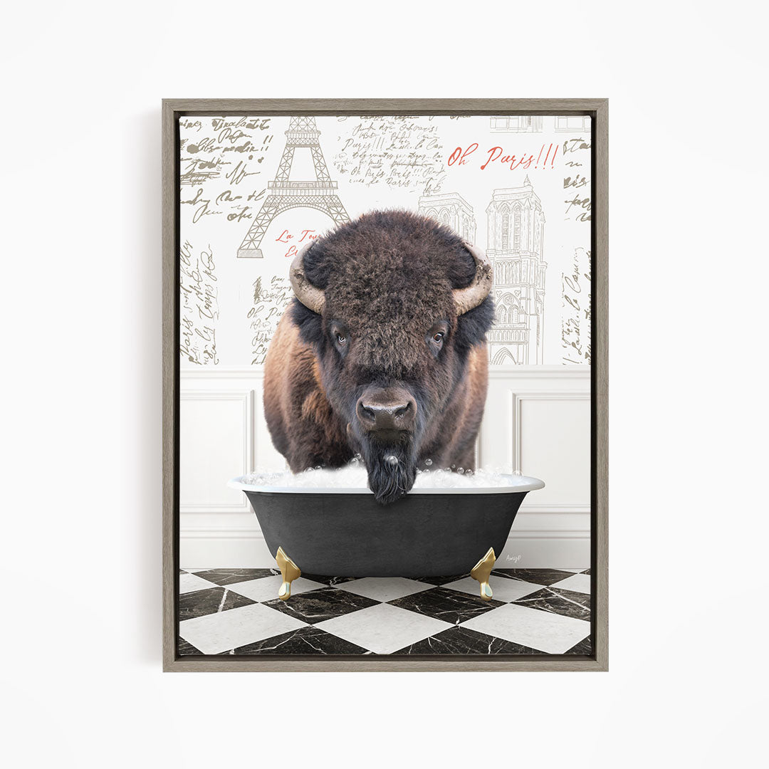 A buffalo standing in a bathtub filled with water, with a Paris-themed background behind it.