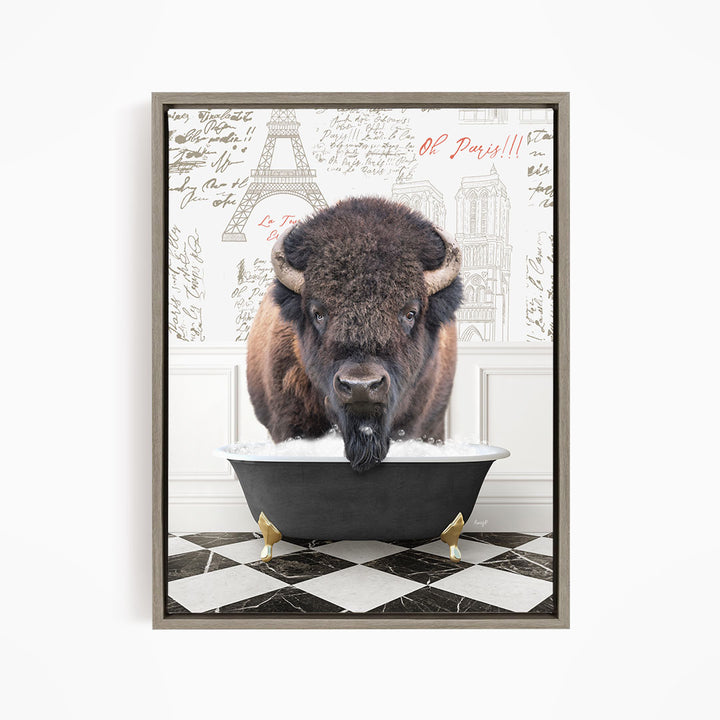 A buffalo standing in a bathtub filled with water, with a Paris-themed background behind it.
