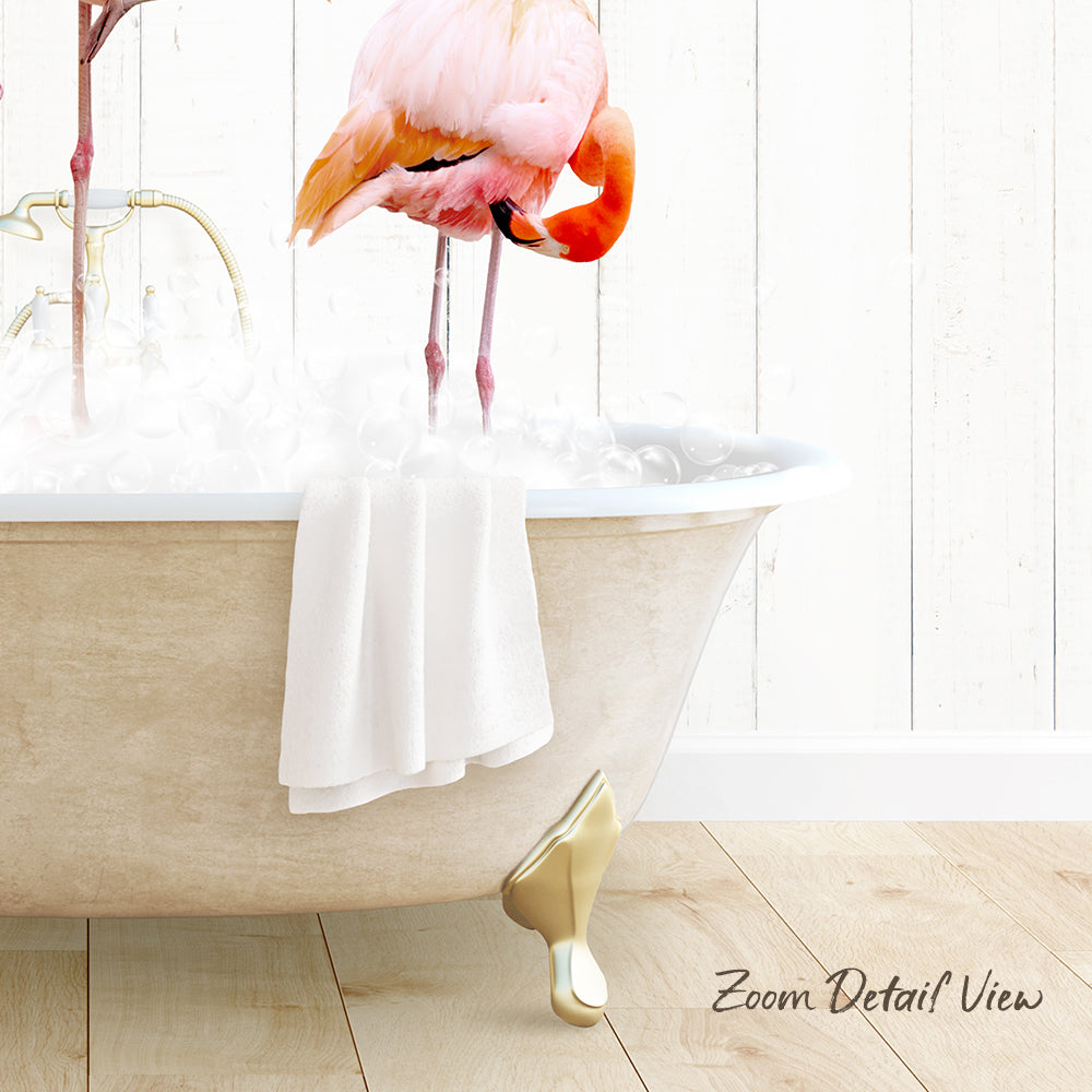 A pink flamingo standing in a bathtub filled with water, with a towel hanging on the side of the tub.