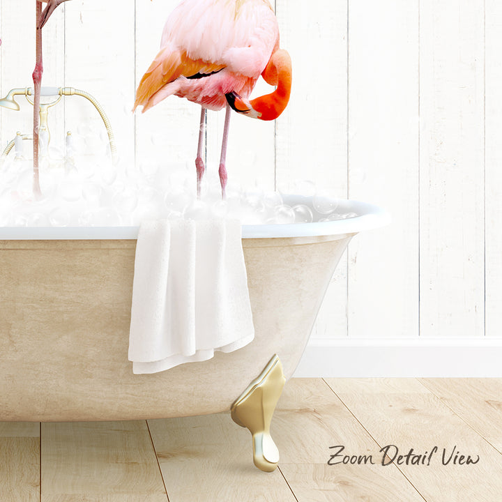 A pink flamingo standing in a bathtub filled with water, with a towel hanging on the side of the tub.