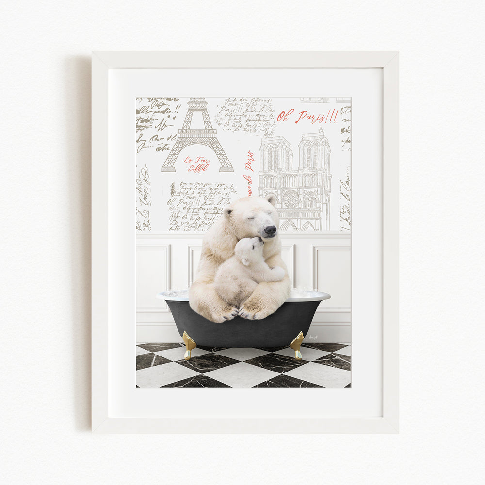A framed image depicting two polar bears sitting in a bathtub, with a Paris-themed background featuring the Eiffel Tower and other Parisian landmarks.